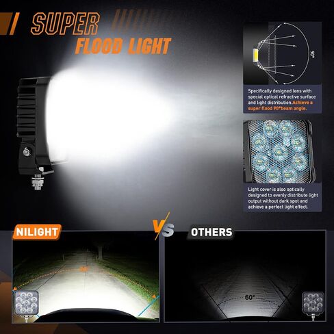 Nilight 4.4Inch Led Pods 2PCS 48W 4780LM Work Lights Built-in EMC 90° Flood Beam Angle for Offroad Lights Side Light Rear Back-Up Light for Tractor Truck Motorcycle Boat ATV UTV in Saudi Arabia