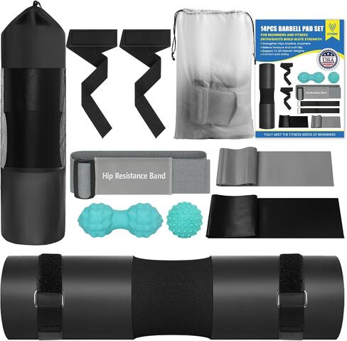 Barbell Pad Set, Hip Thrust Pad, 14pcs Gym Accessories for Women, Barbell Squat Pad for Hip Thrust, Bench Press with Barbell Clips, Resistance Bands, Lifting Straps, Massage Balls, Carry Bags in Saudi Arabia