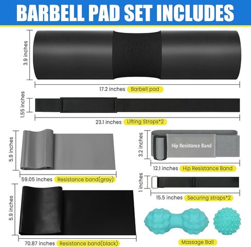 Barbell Pad Set, Hip Thrust Pad, 14pcs Gym Accessories for Women, Barbell Squat Pad for Hip Thrust, Bench Press with Barbell Clips, Resistance Bands, Lifting Straps, Massage Balls, Carry Bags in Saudi Arabia