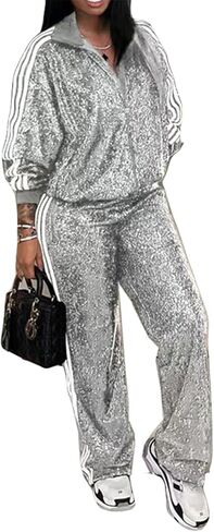 Qikaka Womens 2 PCS Sequins Zipper Jackets Bodycon Pants Sexy Nightclub Party Tracksuit Outfits Sweatsuit Set in Saudi Arabia