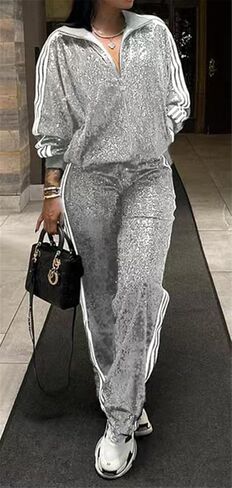 Qikaka Womens 2 PCS Sequins Zipper Jackets Bodycon Pants Sexy Nightclub Party Tracksuit Outfits Sweatsuit Set in Saudi Arabia