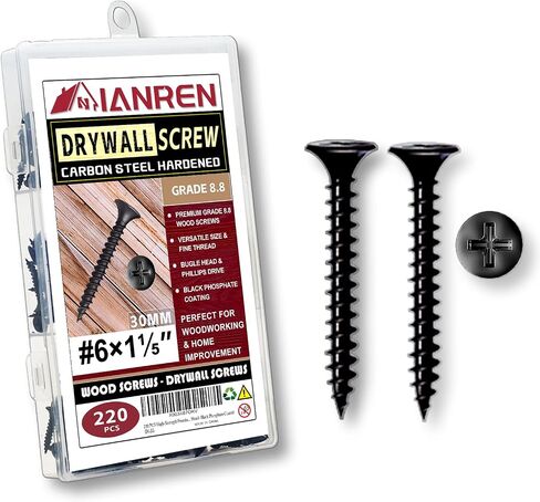 Wood Screws 290 pcs #6 x 1 Inch Drywall Screws Self-Tapping Screws Black Flat Head Phillips Drywall Screws Fine Thread Bugle Head Black Phosphate Coated (Carbon Steel, 6x1 290 pcs) in Saudi Arabia
