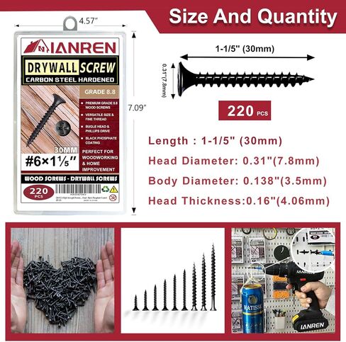Wood Screws 290 pcs #6 x 1 Inch Drywall Screws Self-Tapping Screws Black Flat Head Phillips Drywall Screws Fine Thread Bugle Head Black Phosphate Coated (Carbon Steel, 6x1 290 pcs) in Saudi Arabia
