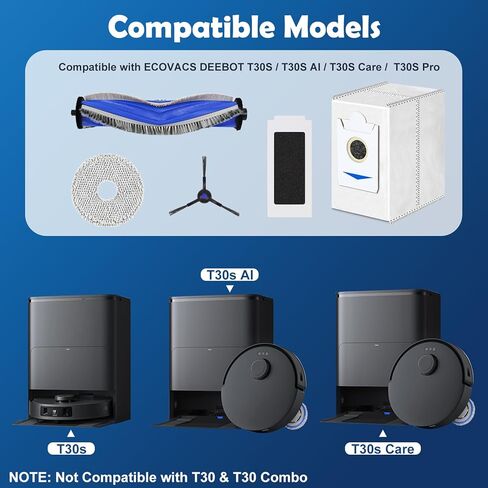 T30S Replacement Accessories Kit Compatible with ECOVACS DEEBOT T30S / T30S PRO / T30S AI /T30s Care Robot Vacuum, 1 Main Brushes, 6 Side Brushes, 6 Mop Cloth Pads, 4 HEPA Filters, 1 Cleaning Tool in Saudi Arabia
