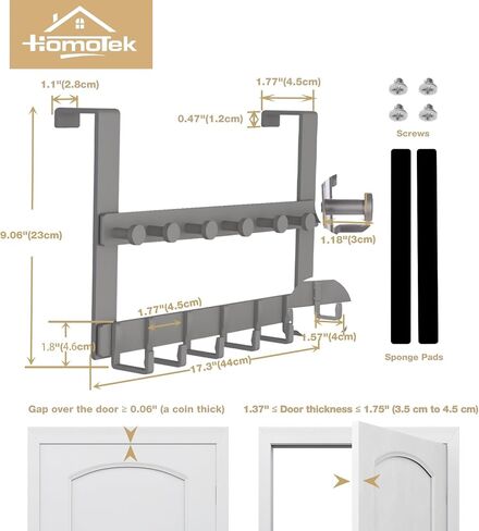HOMOTEK Over The Door Hooks Longer, Heavy Duty Over Door Rack for Bathroom, Door Hanger Coat Holder with 12 Hooks for Hanging Clothes, Towels and Hat, 11" Bracket, Fits 1-3/4" Thick Door, Black in Saudi Arabia