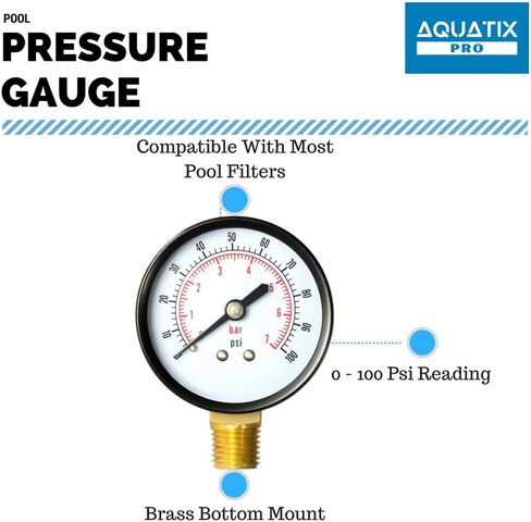 Aquatix Pro Pool Filter Pressure Gauge - Premium Spa/Pool/Aquarium Water Pressure Gauge, 2" Dial, 0-60 Psi, Bottom Mount 1/4", Compatible with Most Brands Such as Hayward, Pentair & Jandy in Saudi Arabia