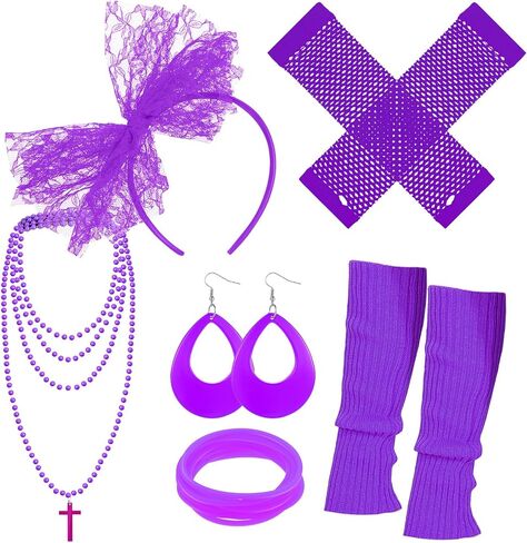 Blulu 6 Pcs 80s Accessories for Women Fancy Costume Dress Neon Lace Headband Earrings Fishnet Gloves Necklace Bracelet Leg Warmers Retro Party in Saudi Arabia