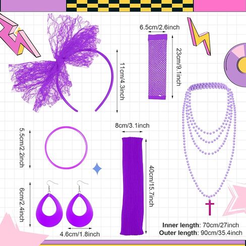 Blulu 6 Pcs 80s Accessories for Women Fancy Costume Dress Neon Lace Headband Earrings Fishnet Gloves Necklace Bracelet Leg Warmers Retro Party in Saudi Arabia