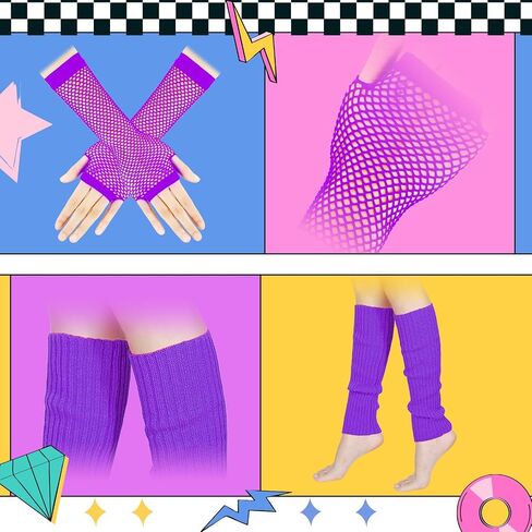 Blulu 6 Pcs 80s Accessories for Women Fancy Costume Dress Neon Lace Headband Earrings Fishnet Gloves Necklace Bracelet Leg Warmers Retro Party in Saudi Arabia