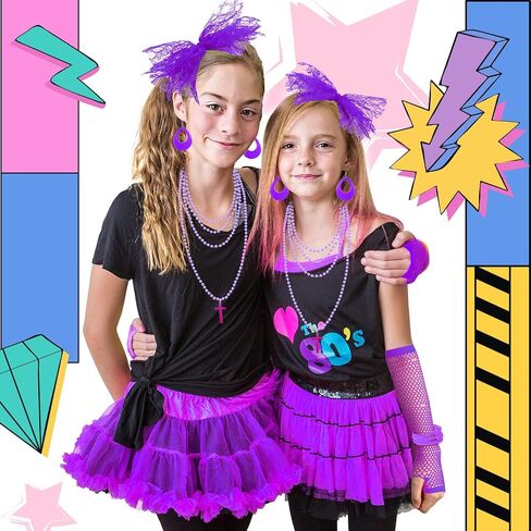 Blulu 6 Pcs 80s Accessories for Women Fancy Costume Dress Neon Lace Headband Earrings Fishnet Gloves Necklace Bracelet Leg Warmers Retro Party in Saudi Arabia