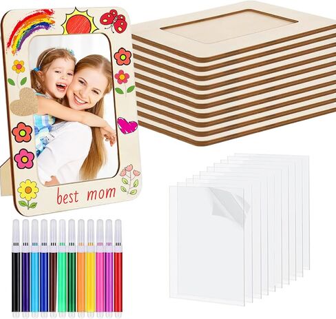Miniedea 10 Pack Frames غير المكتملة لـ 4 × 6 صور ، إطارات صور خشبية دافئة DIY مع طقم الحرف مع 12 ألوان ألوان ألوان 50 ملصقات قلب لـ DIY Crafts in Kuwait