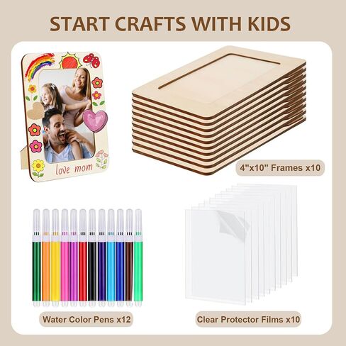 Miniedea 10 Pack Frames غير المكتملة لـ 4 × 6 صور ، إطارات صور خشبية دافئة DIY مع طقم الحرف مع 12 ألوان ألوان ألوان 50 ملصقات قلب لـ DIY Crafts in Kuwait