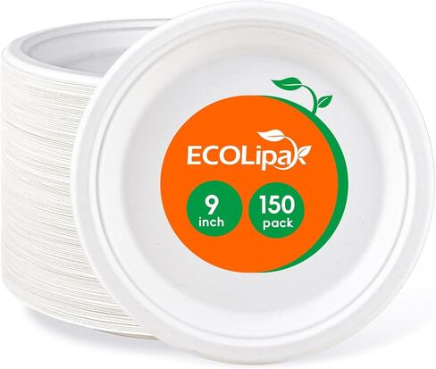 ECOLipak 100% Compostable 10 inch Paper Plates, 150 Pack Heavy Duty Paper Plates, Disposable Biodegradable Eco-friendly Sugarcane Bagasse Plates for Dinner Party(White) in Saudi Arabia
