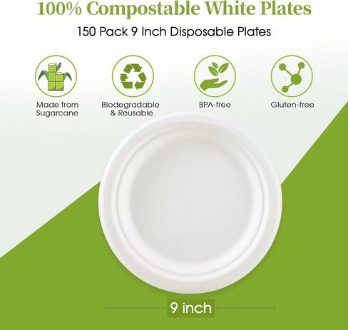 ECOLipak 100% Compostable 10 inch Paper Plates, 150 Pack Heavy Duty Paper Plates, Disposable Biodegradable Eco-friendly Sugarcane Bagasse Plates for Dinner Party(White) in Saudi Arabia