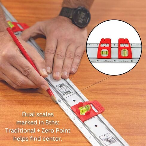 Kapro - 314 Set & Match Ruler - أداة التخطيط ووضع العلامات - قوارير منزلقة مع ⅛ تدرجات إنجليزية - تتضمن قارورتين منزلقتين وقفل، ومقياس مركزي صفر، وميزة مضادة للانزلاق - ألومنيوم - 48 بوصة in Kuwait