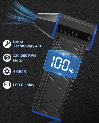 Compressed Air Duster- 4 Speeds Adjustable Electric Air Duster with Digits Display LED Lights,One Charge for 100 Mins, Rechargeable Cordless Air Blower for Keyboard, PC, Car, Home and Outdoor in Saudi Arabia