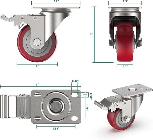 HOLKIE 2 inch Plate Casters with Safety Brake, 360 Degree Heavy Duty Swivel Caster Wheels, Total Capacity 600lbs (Pack of 4,Orange) in Saudi Arabia