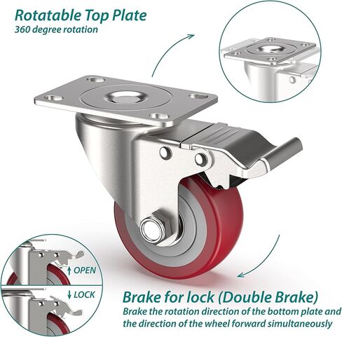 HOLKIE 2 inch Plate Casters with Safety Brake, 360 Degree Heavy Duty Swivel Caster Wheels, Total Capacity 600lbs (Pack of 4,Orange) in Saudi Arabia