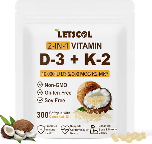 2-in-1 Vitamin D3 K2 Supplement Softgel, Vitamin D3 10000 IU and Vitamin K2 200 mcg, K2 MK7 with D3 Vitamin Supplement Support Immune, Heart, Joint, Teeth & Bone Health in Saudi Arabia
