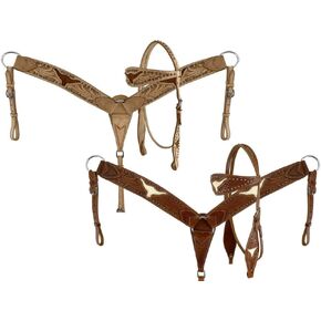 Showman Tooled Leather Headstall & Breast Collar w/Cut Out Steer Heads & Cowhide