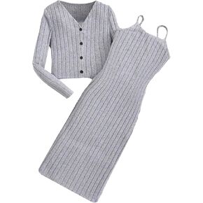 OYOANGLE Girl's 2 Piece Outfits Ribbed Knit Cami Dress and Button Down Long Sleeve Jacket Set