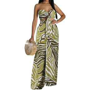 Two Piece Outfits for Women Sexy Halter Neck Tube Top Long Straight Pants Vacation Beachwear Sets with Pockets Belt(2X-Large) Black/Floral in Kuwait