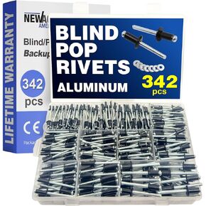 New Age America® 342pcs Blind Pop Rivets & Backup Washers | 3/32" to 1/4" | Silver | 14 Sizes | SAE Size Aluminum Rivets & 304 Stainless Steel Backup Washer | Rivet Kit w Steel Mandrel | Labelled Case in Kuwait