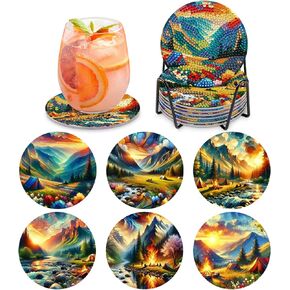 MOGTAA 8Pcs Diamond Art Coasters with Holder, 5D Lighthouse Diamond Art Coasters Kits for Adults Beginners, DIY Round Diamond Painting Coaster Landscape Painting Craft for Home Decor