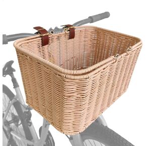 Bike Basket Front, Large Wicker Baskets for Bike, Hand-Woven Bicycle Basket with Iron Framework, Detachable Front Handlebar Bike Basket
