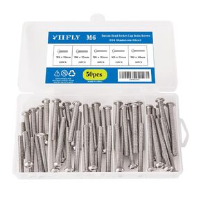M6 x 40mm, 45mm, 50mm, 55mm, 60mm, M6 Button Head Socket Cap Bolts Screws Assortment Set,304 Stainless Steel(A2-70), Allen Hex Drive, Bright Finish, Fully Threaded, Quantity 50