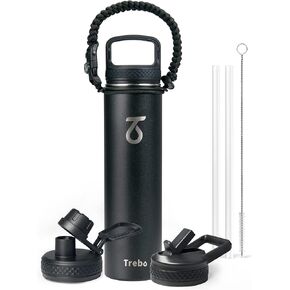 Trebo Water Bottle 64oz with Paracord Handle, Half Gallon Food-grade Triple Wall Vacuum Stainless Steel Insulated Jug with Holder Strap Straw Spout Handle Lids, Leakproof Keep Cold & Hot, Indigo/Black