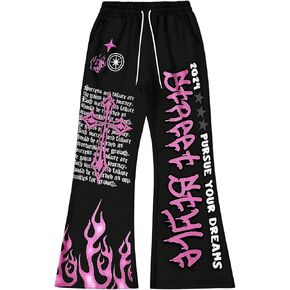 Men's Baggy Flare Sweatpants Y2k Graphic Drawstring Waist Street Jogger Pants with Pocket