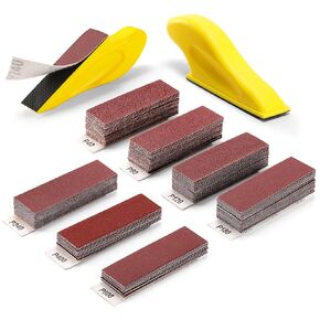 POLIWELL Micro Sander Tool, Detail Finger Sander for Crafts, 80 PCS Wet Dry Sandpaper 80 120 150 180 240 320 400 600 Grit + 3.5" x 1" Mini Handle Sanding Block for DIY, Wood, Metal and Narrow Spaces