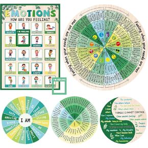 chiazllta 7PCS Feeling Wheel Magnet Green Magnetic Mental Feeling Chart Mood Meter Emotion Therapy Poster Kids Teens Counselor Social Work Magnet for Fridge Office Home School Classroom Decor Supplies