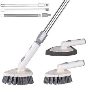 Multi Purpose Scrub Brush with Long Handle, 59“ Tub and Tile Scrubber Brush, 2 in 1 Shower Cleaning Brush & Sponge, Stiff Bristles Cleaner Tool for Cleaning Bathroom Shower Bathtub Wall