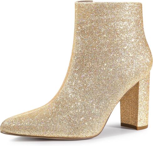 Perphy Women's Chunky Heels Ankle Boots Glitter | Sparkly, Fall/Winter, Zip up, Wedding Party Dress Shoes, Evening, Date Night with Dresses, Jeans in Kuwait
