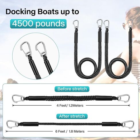 Boat Bungee Dock Llines, Double Braided Nylon Mooring Ropes for Boats, Boat Pontoon Accessories, Perfect for Jet Ski, SeaDoo, WaveRunner, Kayak, Pontoon PWC, 4 ft Black, 2 Pieces in Saudi Arabia