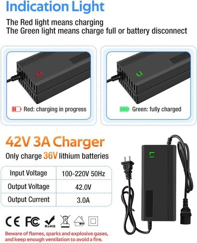 42V 3A Fast Battery Charger for 36V Lithium Battery,7 Types of Plugs to Choose from, No Need Adapter,More Secure.Compatible with Most Plugs. with Cooling System (DC5.5x2.1mm plug-3A) in Saudi Arabia