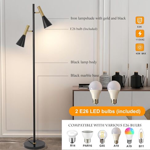 Modern Floor Lamp with 2 Adjustable Head Tall Pole Uplight for Living Room, Bedroom, Office,Gold and Black Corner Light for Reading (Black and Gold) in Saudi Arabia