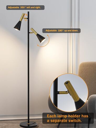Modern Floor Lamp with 2 Adjustable Head Tall Pole Uplight for Living Room, Bedroom, Office,Gold and Black Corner Light for Reading (Black and Gold) in Saudi Arabia