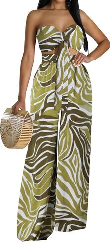 Two Piece Outfits for Women Sexy Halter Neck Tube Top Long Straight Pants Vacation Beachwear Sets with Pockets Belt(2X-Large) Black/Floral in Kuwait