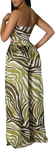 Two Piece Outfits for Women Sexy Halter Neck Tube Top Long Straight Pants Vacation Beachwear Sets with Pockets Belt(2X-Large) Black/Floral in Kuwait