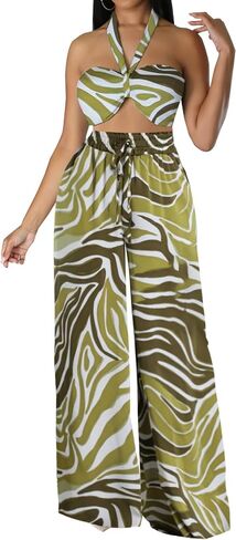 Two Piece Outfits for Women Sexy Halter Neck Tube Top Long Straight Pants Vacation Beachwear Sets with Pockets Belt(2X-Large) Black/Floral in Kuwait