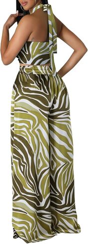 Two Piece Outfits for Women Sexy Halter Neck Tube Top Long Straight Pants Vacation Beachwear Sets with Pockets Belt(2X-Large) Black/Floral in Kuwait