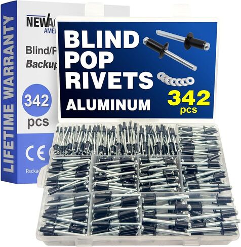 New Age America® 342pcs Blind Pop Rivets & Backup Washers | 3/32" to 1/4" | Silver | 14 Sizes | SAE Size Aluminum Rivets & 304 Stainless Steel Backup Washer | Rivet Kit w Steel Mandrel | Labelled Case in Kuwait