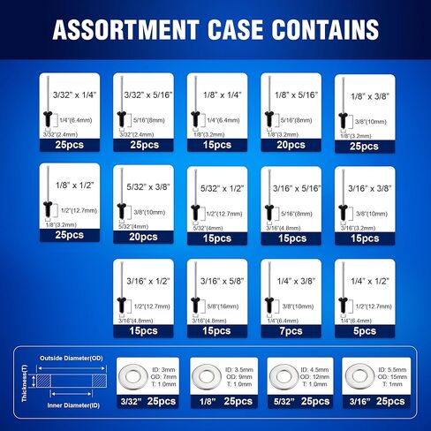 New Age America® 342pcs Blind Pop Rivets & Backup Washers | 3/32" to 1/4" | Silver | 14 Sizes | SAE Size Aluminum Rivets & 304 Stainless Steel Backup Washer | Rivet Kit w Steel Mandrel | Labelled Case in Kuwait