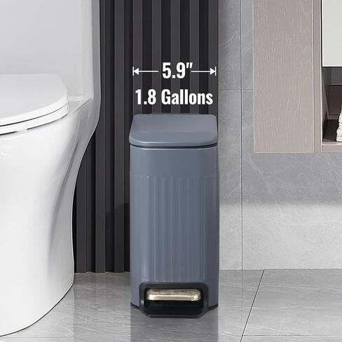 ELPHECO Slim Trash Can with Lid, Soft Close Stainless Steel Garbage Basket, Step-On Slim Dust Bin Rectangular Trash Can with Removable Inner Bucket (Black, 3.5 GALLONS) in Saudi Arabia