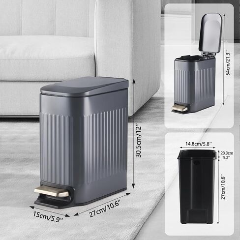 ELPHECO Slim Trash Can with Lid, Soft Close Stainless Steel Garbage Basket, Step-On Slim Dust Bin Rectangular Trash Can with Removable Inner Bucket (Black, 3.5 GALLONS) in Saudi Arabia