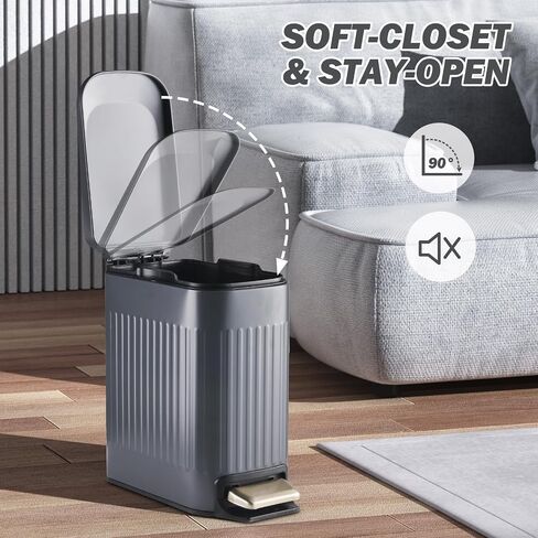 ELPHECO Slim Trash Can with Lid, Soft Close Stainless Steel Garbage Basket, Step-On Slim Dust Bin Rectangular Trash Can with Removable Inner Bucket (Black, 3.5 GALLONS) in Saudi Arabia