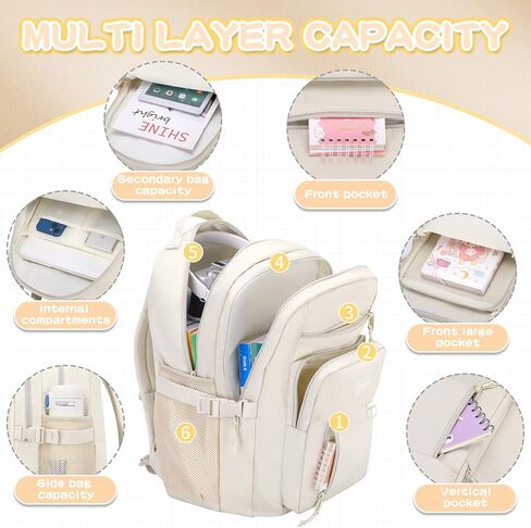 PRAGARI Kids Backpack for School Cute Aesthetic Beige Backpack Girls Student Bookbag Women Travel Lightweight Book Bag in Kuwait